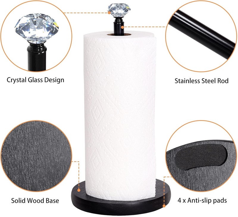 OBODING Paper Towel Holder Countertop, , Crystal Paper Towel Stand Holder, Black Solid Wood Weighted Paper Towel Holders for Standard and Large Size Rolls (Black) - Image 2